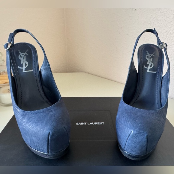 Saint Laurent Navy Blue Suede Tribtoo Slingback Heels 105mm - Picture 1 of 15